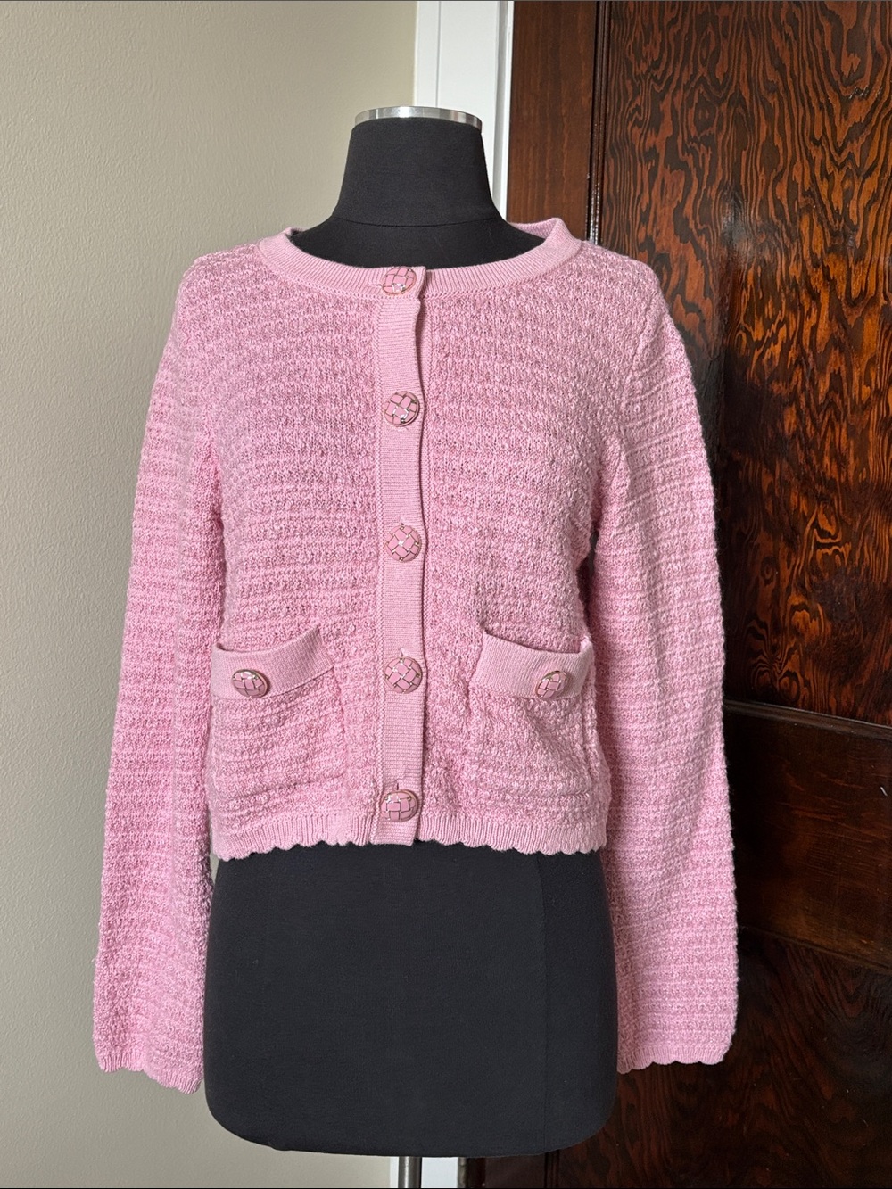 Pink Textured Knit Women's Cardigan Sweater